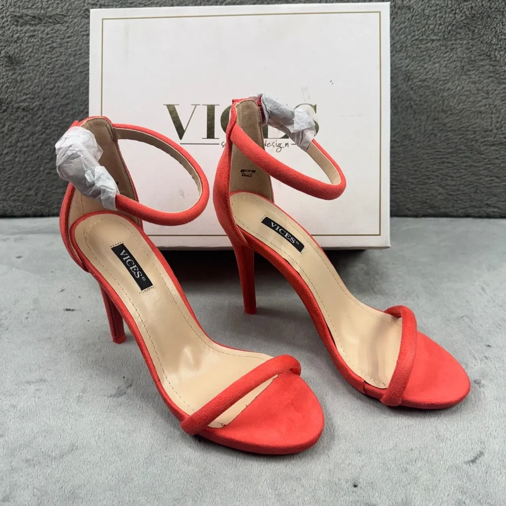Vices Red Faux Suede Ankle Strap Stiletto‎ Sandals Heels 5074-23 Mens Size 36